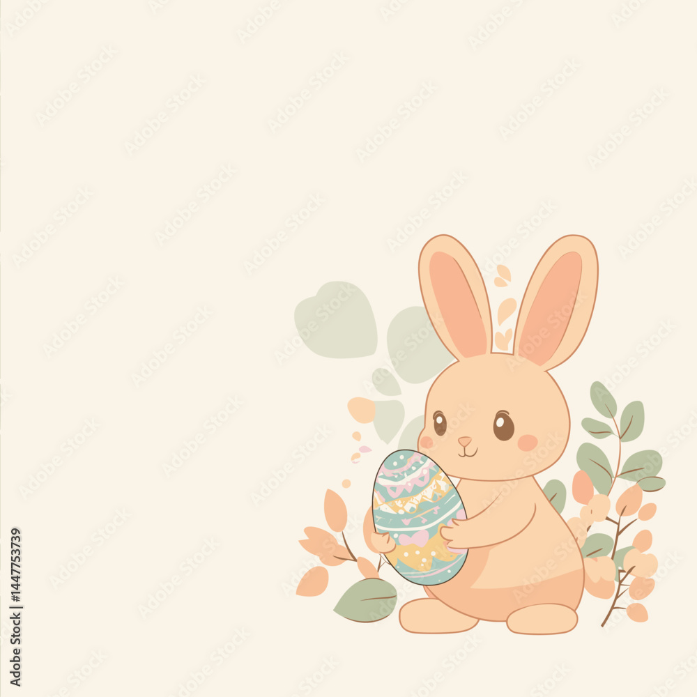 Obraz premium A cute bunny holds a colorful egg among pastel flowers.