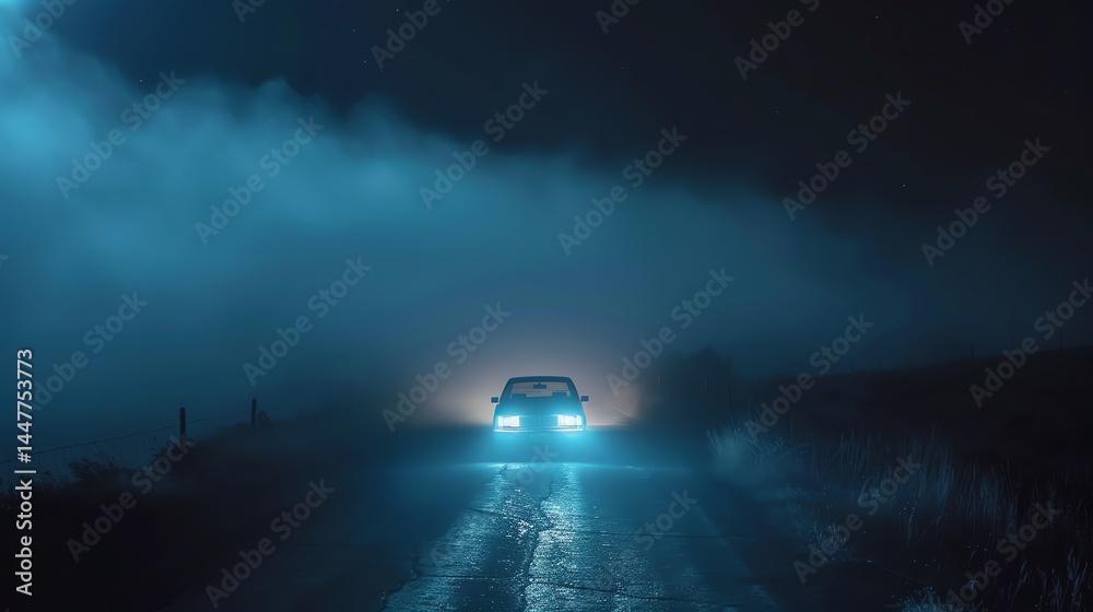 Car driving through a foggy landscape at night. The headlights of the car are illuminating the road ahead. Car driving through a foggy landscape at night. The headlights of the car are illuminating the road ahead.