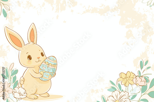 A cute bunny holds a colorful egg among pastel flowers.