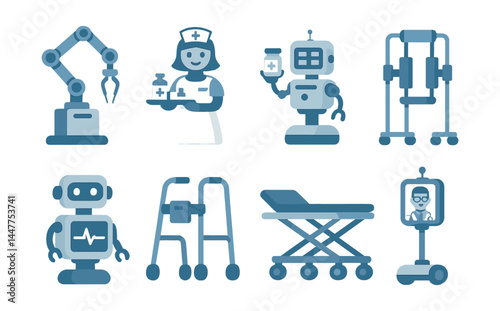 Healthcare robotics icons set – nurse, surgery, telemedicine, therapy, automation, care, ai