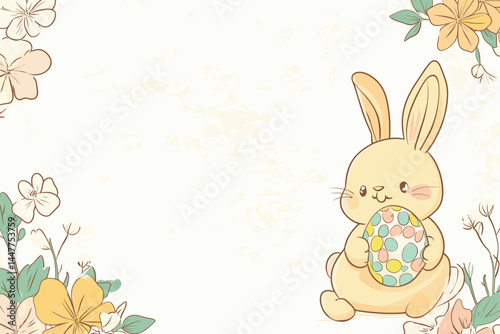 A cute bunny holds a colorful egg among pastel flowers.