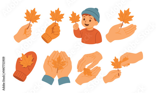 Cozy autumn icons set – hand, leaf, child, glove, warmth, season, orange, holding, gentle, family