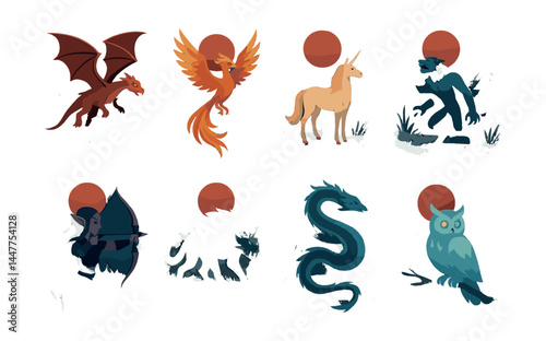 Fantasy creature icon set – dragon, phoenix, unicorn, werewolf, elf, serpent, owl, eye