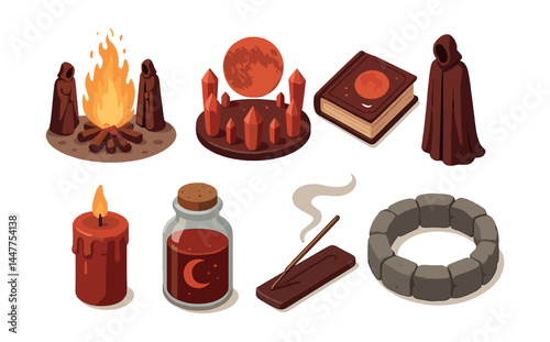 Blood moon rituals icon set – fire, robe, candle, potion, incense, crystal, book, circle, cloak