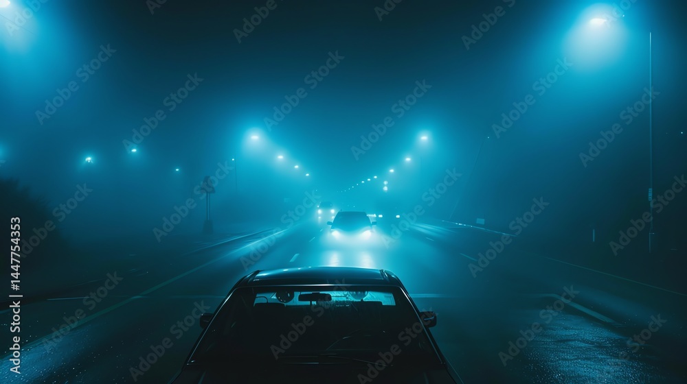 Obraz premium The image is a long, dark, and foggy road at night. The only light comes from the headlights of the cars on the road.