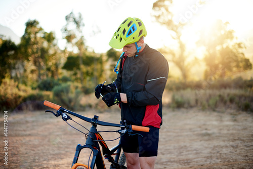 Cyclist, healthy and man with bicycle, travel and athlete with fitness for journey, trail and nature Outdoor, race and person with eco friendly transport, carbon footprint and adventure in woods