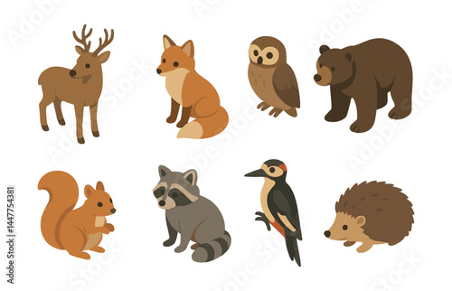 Forest wildlife icons set – deer, fox, owl, bear, squirrel, raccoon, woodpecker, hedgehog
