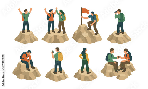 Mountain hiking achievement icons set – climbing, celebrating, teamwork, flags, backpacks, summit