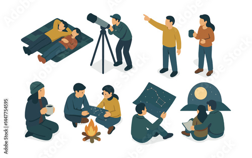 Stargazing night icons set – telescope, constellations, moon, campfire, astronomy