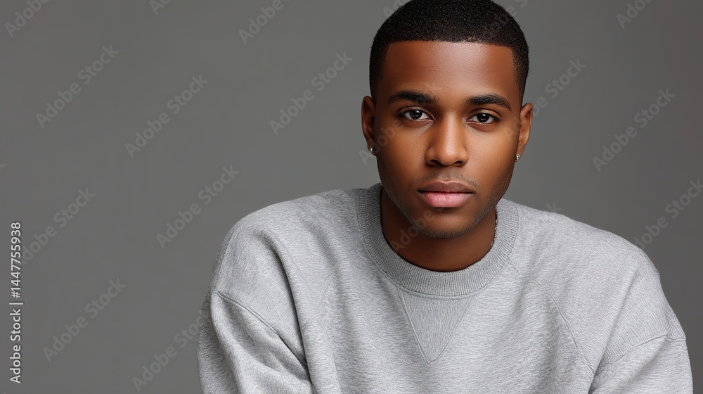Fototapeta premium Black male model in stylish sweatshirt, neutral expression - modern minimalism and effortless style 