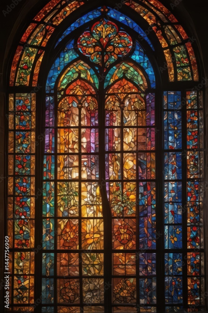 Arched stained glass window, vibrant hues, light streams through , intricate, arch Arched stained glass window, vibrant hues, light streams through , intricate, arch
