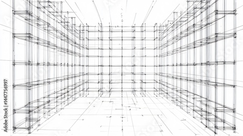 A library reading room plan with construction blueprint patterns and hand drawn build sketch of built in shelving ribs and floating desk supports