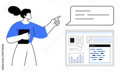 Woman holding tablet pointing to digital speech bubble near web interface with data, search bar, and charts. Ideal for communication, data analysis, teamwork, presentations, UI design, tech
