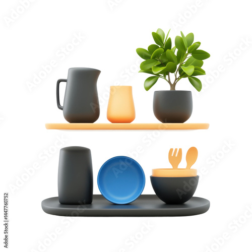 Modern kitchen decor display minimalist style home interior warm vibes. Isolated on transparent background, png.