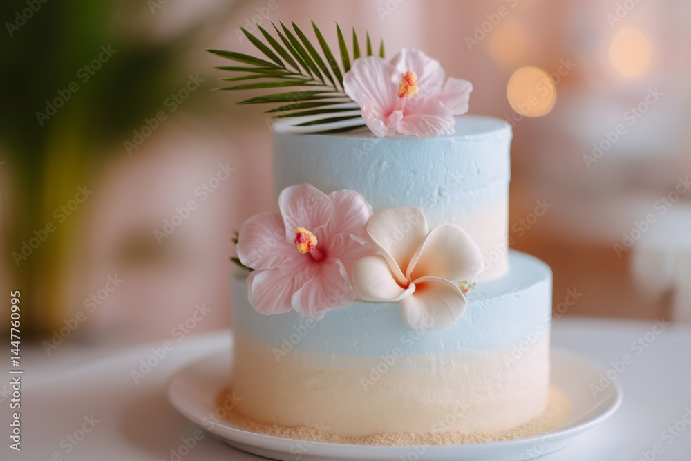 Fototapeta premium Tropical Wedding Cake with Hibiscus and Plumeria Flowers