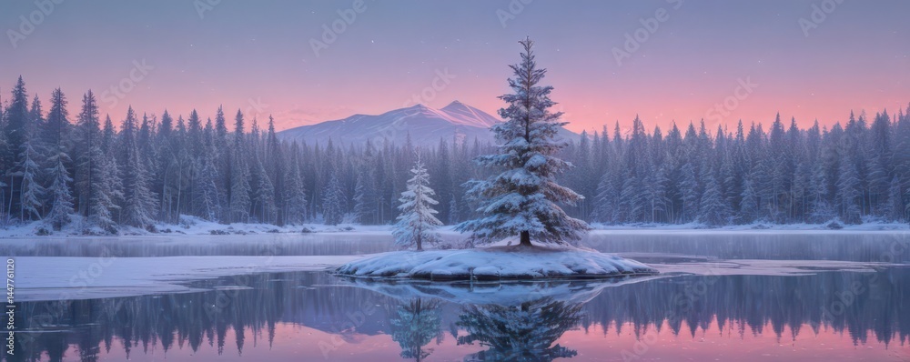 Fototapeta premium Iridescent Christmas tree mirrored in still, icy lake, snowy backdrop , iridescent, festive, tree