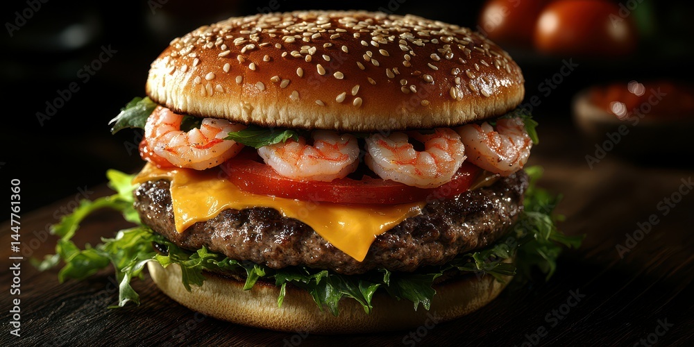 Juicy hamburger topped with shrimp, lettuce, tomato, and cheese, served on a sesame seed bun Juicy hamburger topped with shrimp, lettuce, tomato, and cheese, served on a sesame seed bun