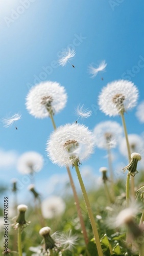 Dandelion seeds blowing in the wind against a clear blue sky