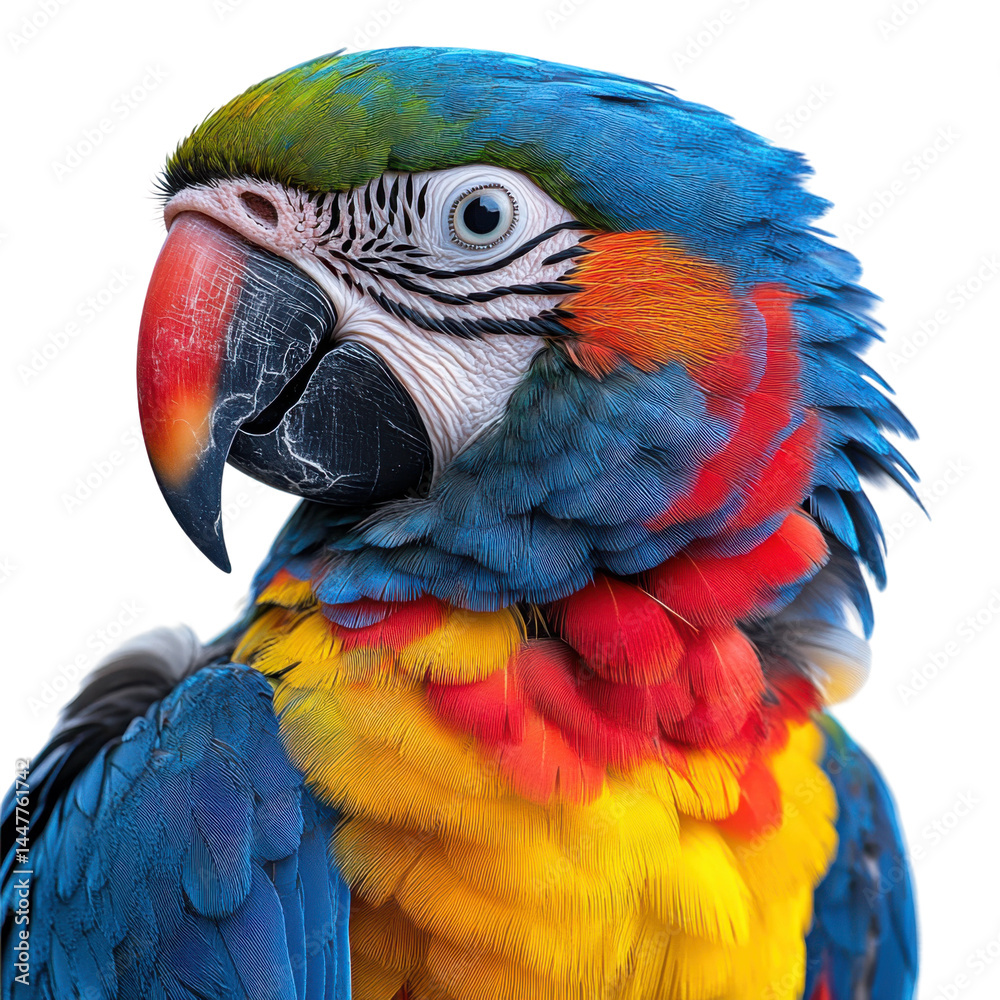 Obraz premium Vibrant parrot portrait exotic jungle wildlife photography close-up. Isolated on transparent background, png.
