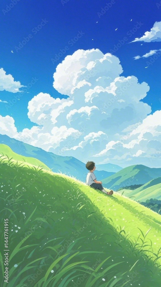 Fototapeta premium A lone figure sits on a grassy hillside under a bright blue sky with fluffy clouds.