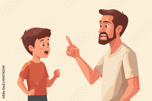 A father angrily points his finger while scolding his worried son in a cartoon style.