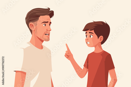 A father angrily points his finger while scolding his worried son in a cartoon style.