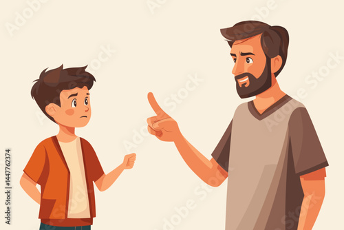 A father angrily points his finger while scolding his worried son in a cartoon style.