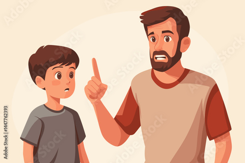 A father angrily points his finger while scolding his worried son in a cartoon style.