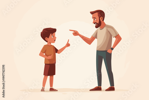 A father angrily points his finger while scolding his worried son in a cartoon style.