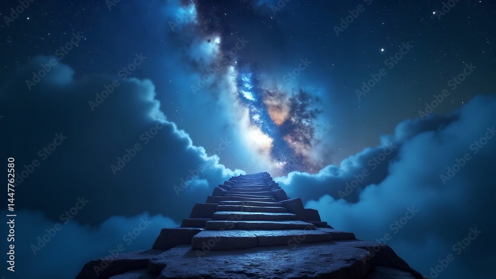 Fototapeta premium Stairway leading into a starry sky with swirling clouds and distant light at night