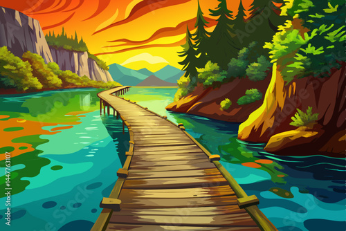 Amazing Crystal clear water and wooden path . Plitvice lakes, Croatia vector landscape