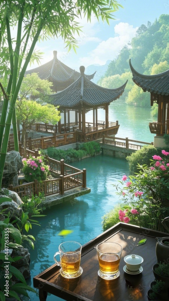Obraz premium Traditional Chinese Garden with Tea Table and Pagodas