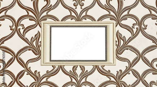 Elegant Cream Frame on Ornate Brown Damask Wallpaper: Stylish Template for Photos and Vintage Design Projects
