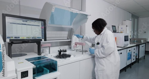Wallpaper Mural Black African female scientist checking scientific machinery doing medical research in a laboratory Torontodigital.ca