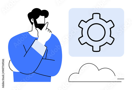 Thoughtful man analyzing gear icon, symbolizing problem-solving, innovation, strategy, and development. Ideal for teamwork, decision-making, project management and business processes. Perfect