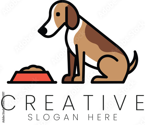 Adorable Dog Sitting Near Food Bowl Simple Line Art Design Pet Logo paw cute icon cute tail pets    