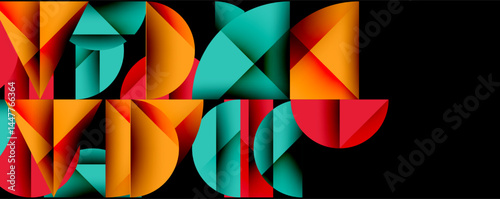 Geometric typography spells REACT. Bright colors, teal, orange, red create modern design. Minimalist aesthetic, black background.