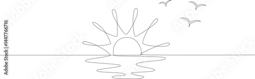 Sunset with birds continuous one line art. Sun contour line vector illustration on transparent background
