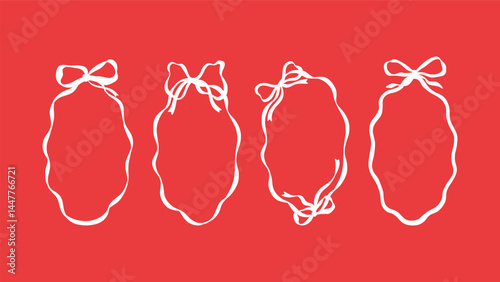 Red Bow Frame, Vector Oval Y2K Coquette Pen Outline Cute Fashion or Baby Shower Feminine Ribbon Border, Charming Ink Doodle for Valentine or Wedding Illustration