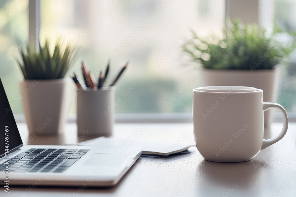 minimalist workspace with a laptop, notebook, and coffee mug, ready for a productive work from home day