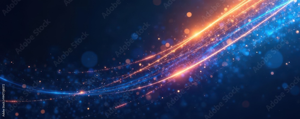 Obraz premium Abstract diagonal streaks of blue and gold light on dark background, backdrop, space, speed