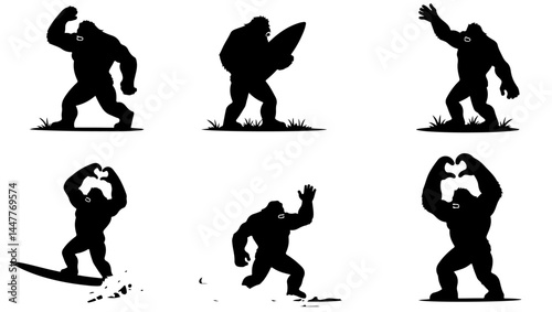 "gorilla art, strong gorilla, heart gorilla, surf gorilla, gorilla silhouette, bodybuilding gorilla, muscle monkey, heart symbol, animal strength, heroic gorilla, surfboard design, fitness mascot, gym
