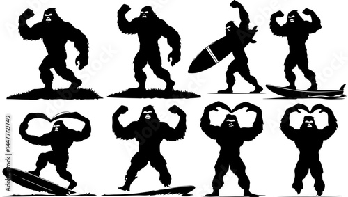 "gorilla art, strong gorilla, heart gorilla, surf gorilla, gorilla silhouette, bodybuilding gorilla, muscle monkey, heart symbol, animal strength, heroic gorilla, surfboard design, fitness mascot, gym