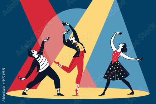 Create an abstract vector illustration depicting a vibrant and dynamic musical theater performance; emphasize movement, energy, and the theatrical experience.