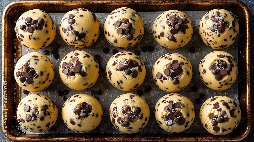 Obraz premium Balls with chocolate chips on a baking sheet