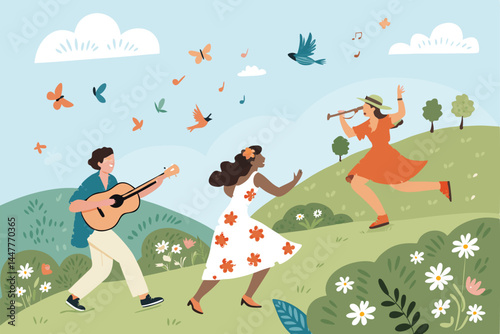 A serene summer hilltop festival scene, acoustic music playing, happy people enjoying the sunset, vibrant decorations, idyllic landscape.
