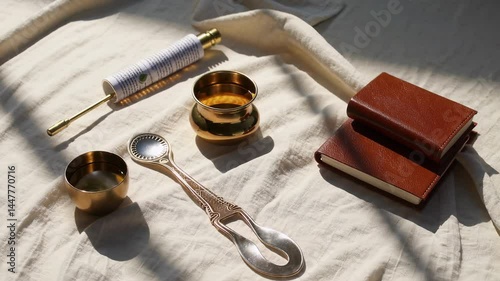 Flat lay of Ayurvedic daily ritual items including copper tongue scraper oil bottle herbal tea and journal on a cotton cloth in soft natural light for wellness