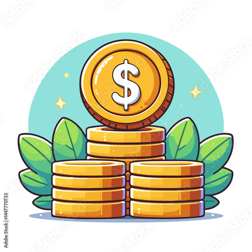 Stack of gold coins with dollar sign and plant elements. Perfect for investment growth, wealth management, and financial prosperity illustrations.