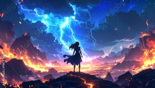 Epic anime-style scene of one character facing a divine elemental storm — celestial winds, blue flames, and radiant lightning circling above a shattered earth
