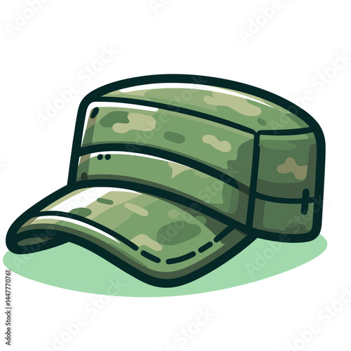 Camouflage military cap in green pattern. Perfect for army fashion, tactical gear, and military-inspired clothing illustrations.